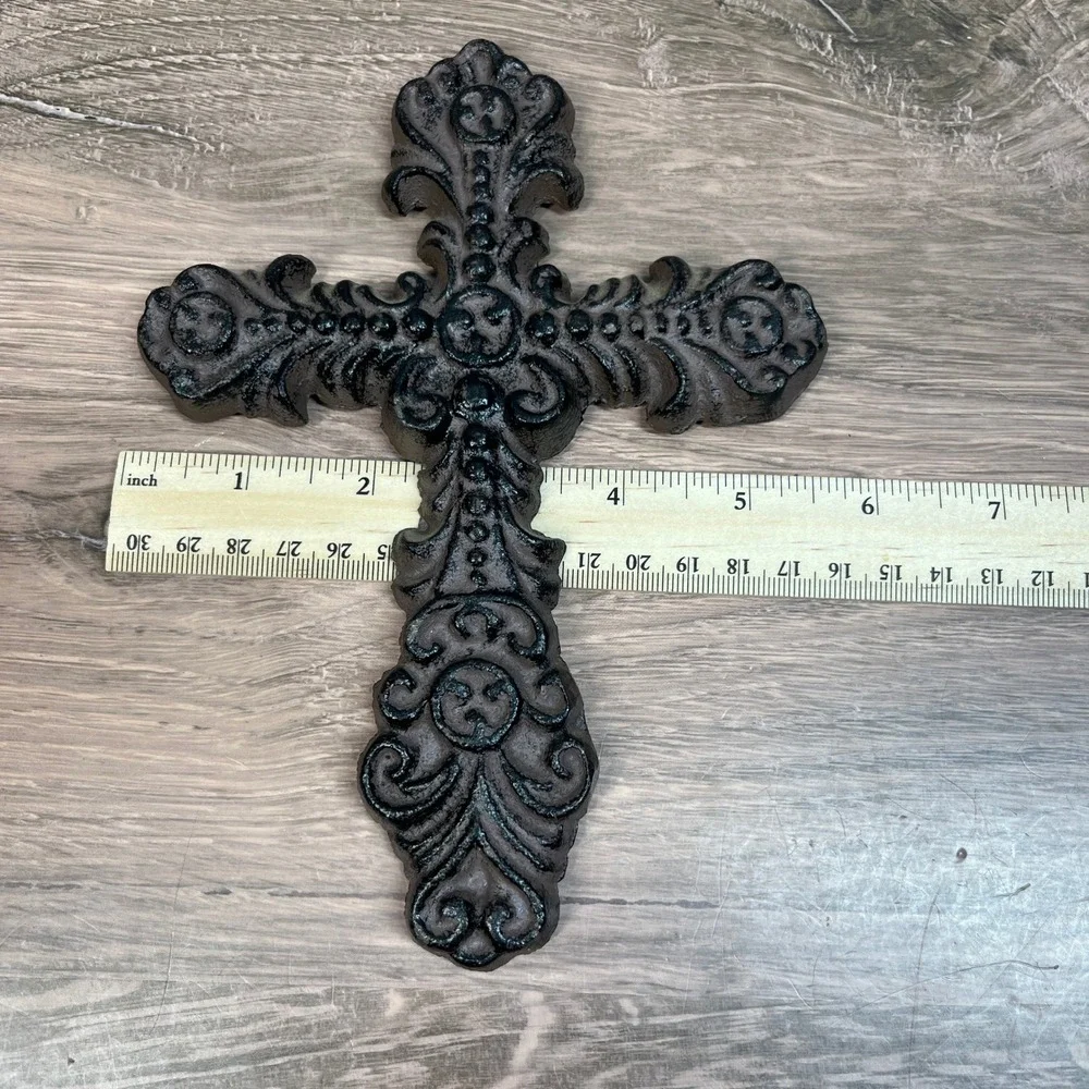 Cast Iron Wall Cross Ornate Fleur De Lis Scrollwork Rustic Church Heavy Set of 2